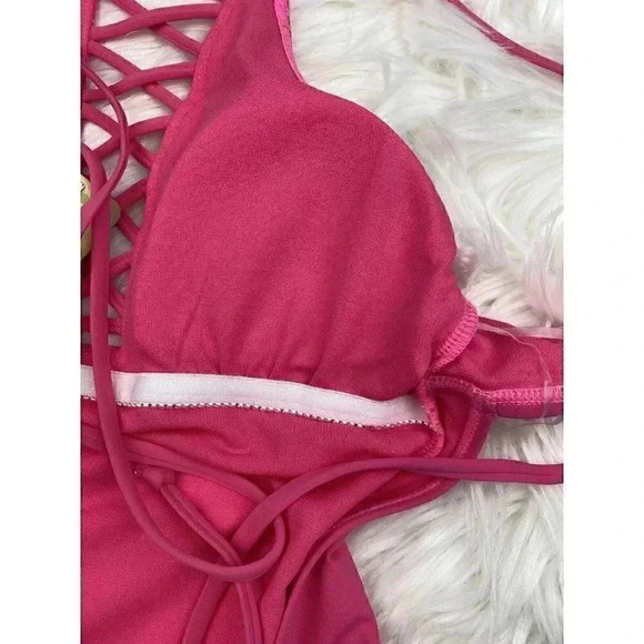 NWT $60 Hobie Women's Solid Strappy Lace up Front One Piece Swimsuit Pink Medium - Picture 9 of 9